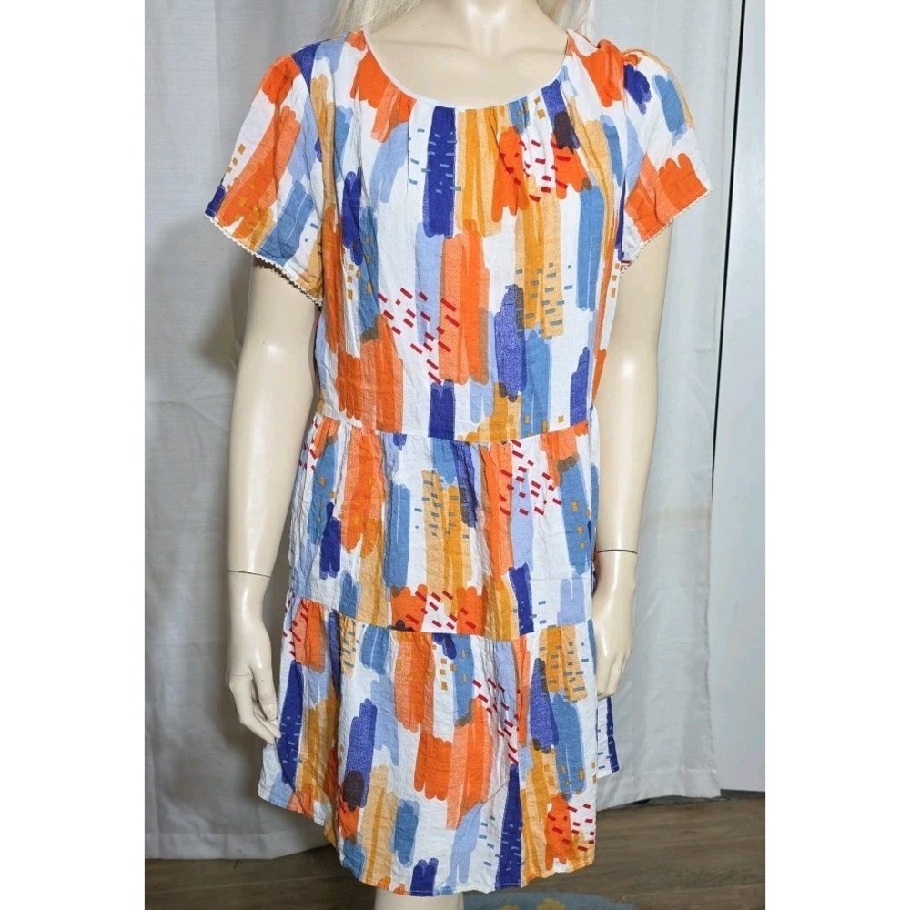 THML Dress Womens Large Orange Colorful Artistic Fit Flare‎ Boho Festival Tiered